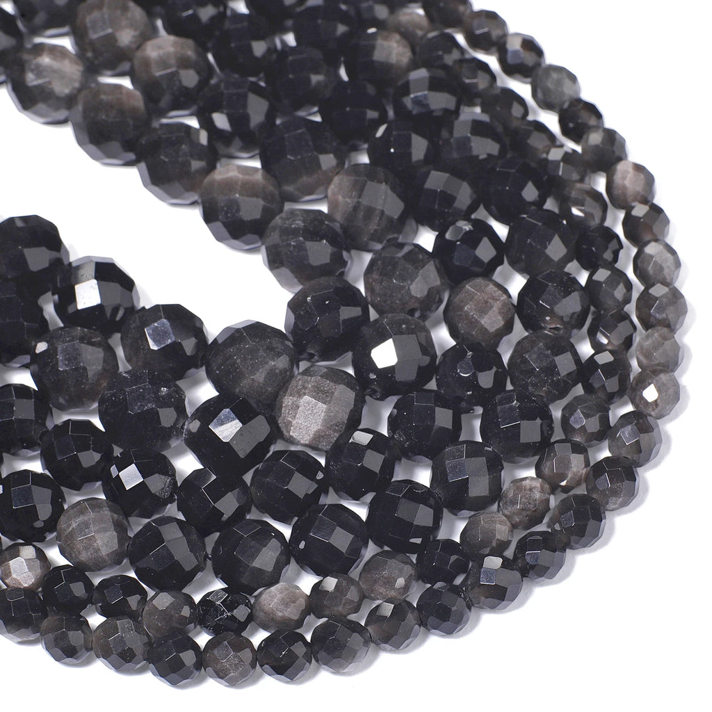 Stone Beads Faceted Round Silver Obsidian-Style for DIY Jewelry Making