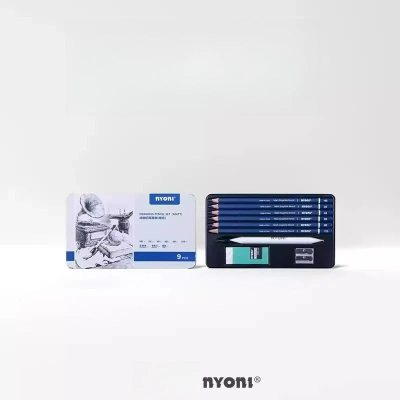 NYONI Matte Sketch Pencil Set — Iron Case, Eraser & Blending Stump Included
