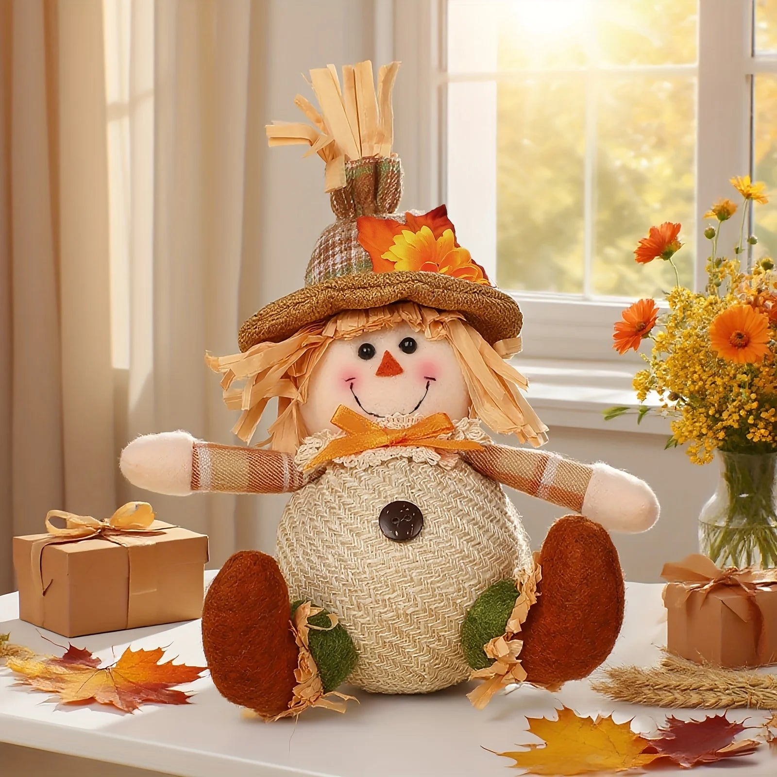 Rustic Autumn Harvest Scarecrow Decoration, Plaid & Sunflower Accents for Christmas, Farmhouse Wall Decoration, Party Props.