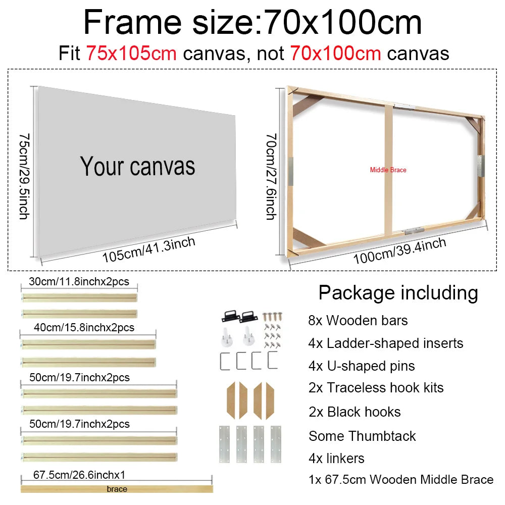 Canvas frame size chart and package contents for 70x100cm frame.