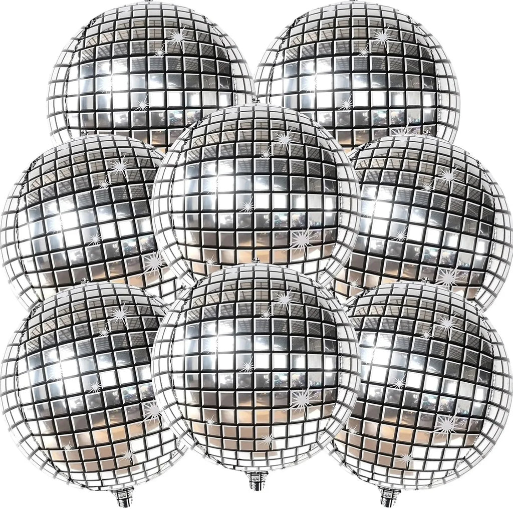 22 Inch 4D Silver Disco Ball Balloons, 8Pcs Metallic Sphere Disco Balloons for Disco Party Decorations, 70s 80s Party Decoration