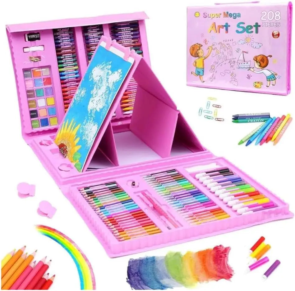 208-Piece Art Kit with Trifold Easel — Pastels, Crayons, Pencils & Watercolors