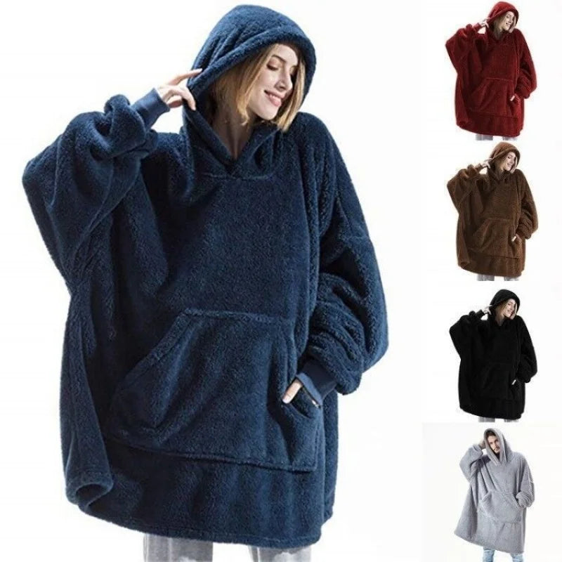 Hooded Sweatshirt Women's Double-Faced Fleece Thick Loose Pullover Pockets Warm