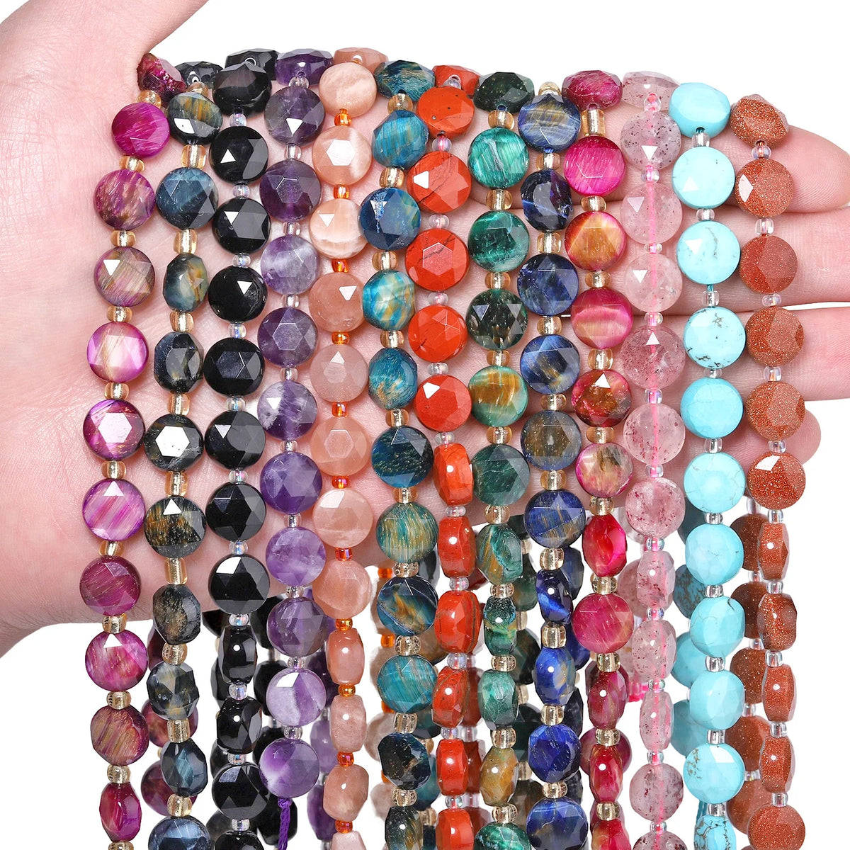 Stone Beads Faceted Coin Tiger Eye Amethyst Styles for DIY Jewelry Making