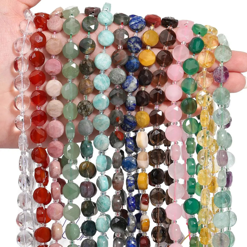 Stone Beads Nature Flat Round Amazonite Quartz-Style Agate Fluorite Craft Beads