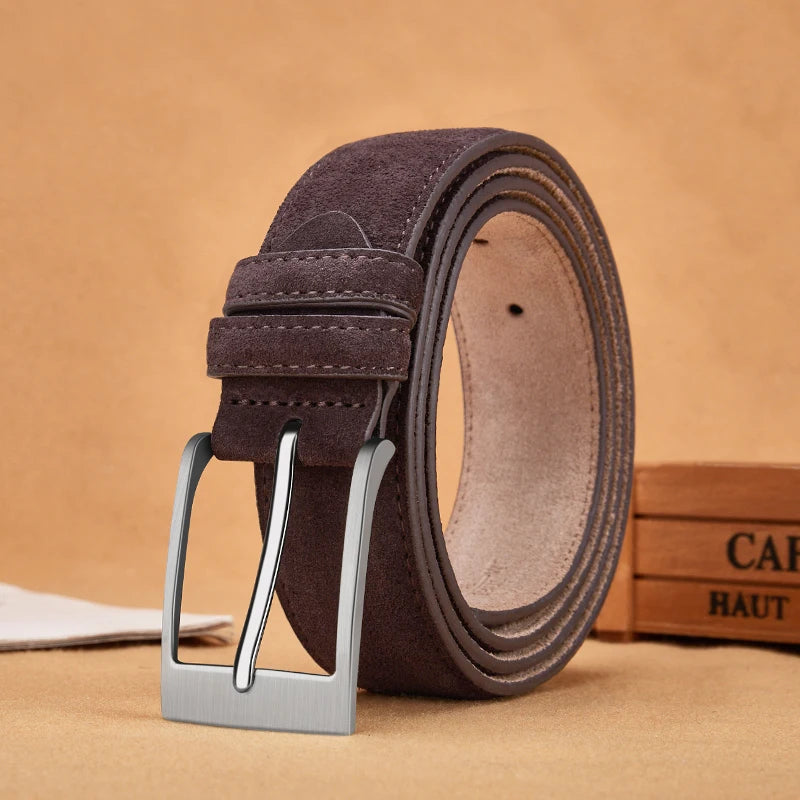 Men's Suede Leather Belt Silver Pin Buckle Vintage Style for Jeans & Chinos
