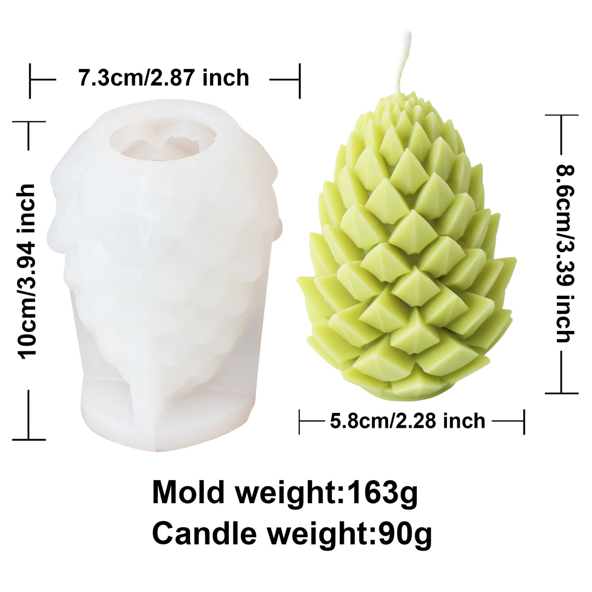 Pine cone candle mold and finished candle with measurements and weight details on a white background