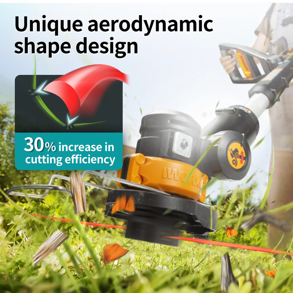 String trimmer being used on grass with text highlighting unique aerodynamic design and increased cutting efficiency.