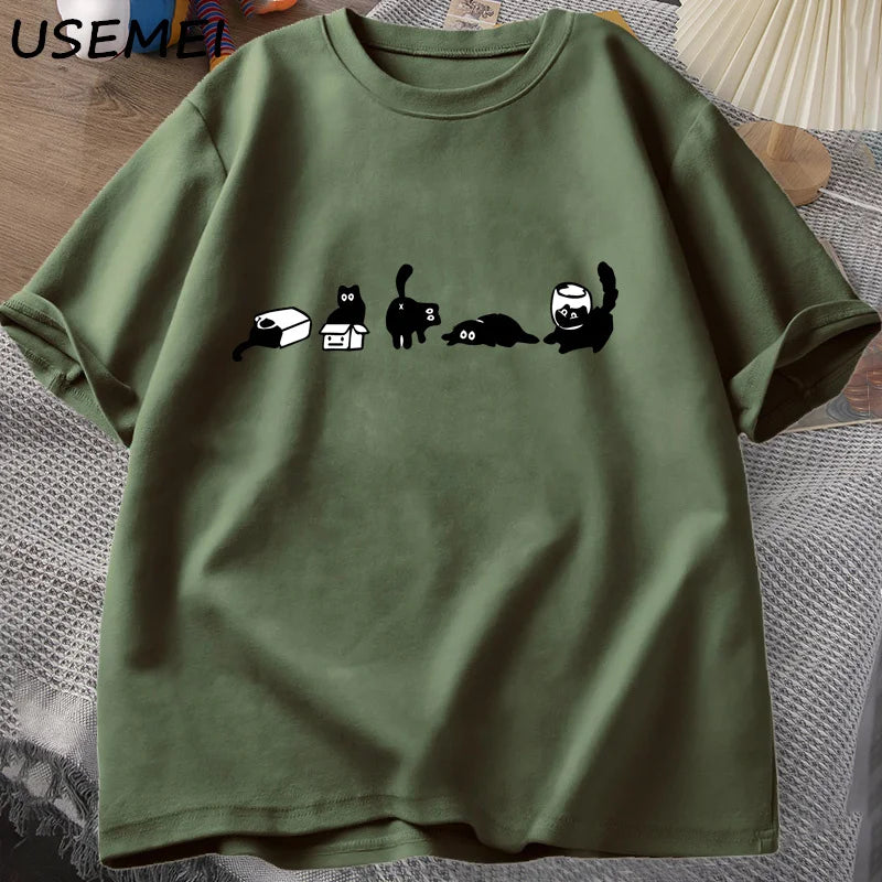 T-Shirt Five Mood Cats Funny Black Cat Graphic Cotton Short Sleeve Oversized