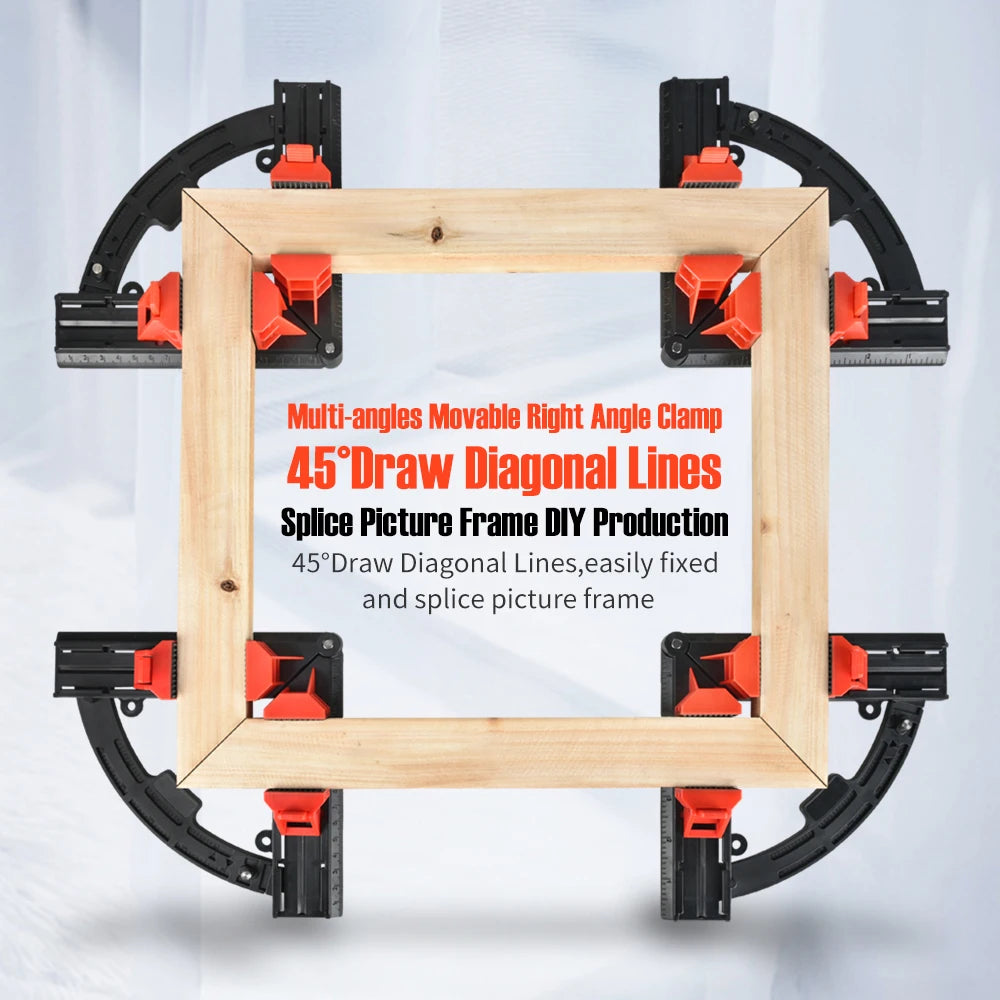 A set of black and orange multi-angle movable right angle clamps arranged around a wooden square frame to demonstrate use. The center has text reading 'Multi-angles Movable Right Angle Clamp 45° Draw Diagonal Lines Splice Picture Frame DIY Production 45° Draw Diagonal Lines, easily fixed and splice picture frame frame.
