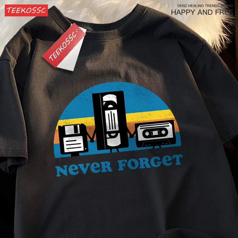 T-Shirt Unisex Never Forget Retro Tech Floppy VHS Cassette Vintage Graphic Tee