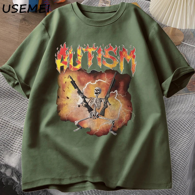 T-Shirt Autism Flame Text Skeleton Graphic Cotton Short Sleeve Unisex Tee