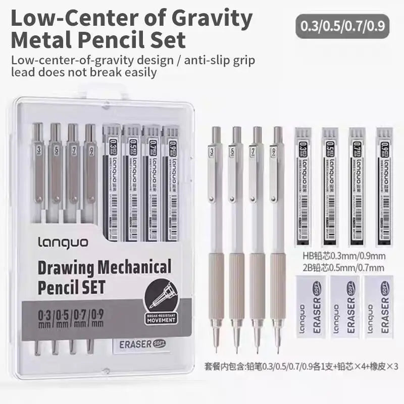 Metal Mechanical Pencil Set, HB — 4 Sizes with 80pc Lead Refills & Case