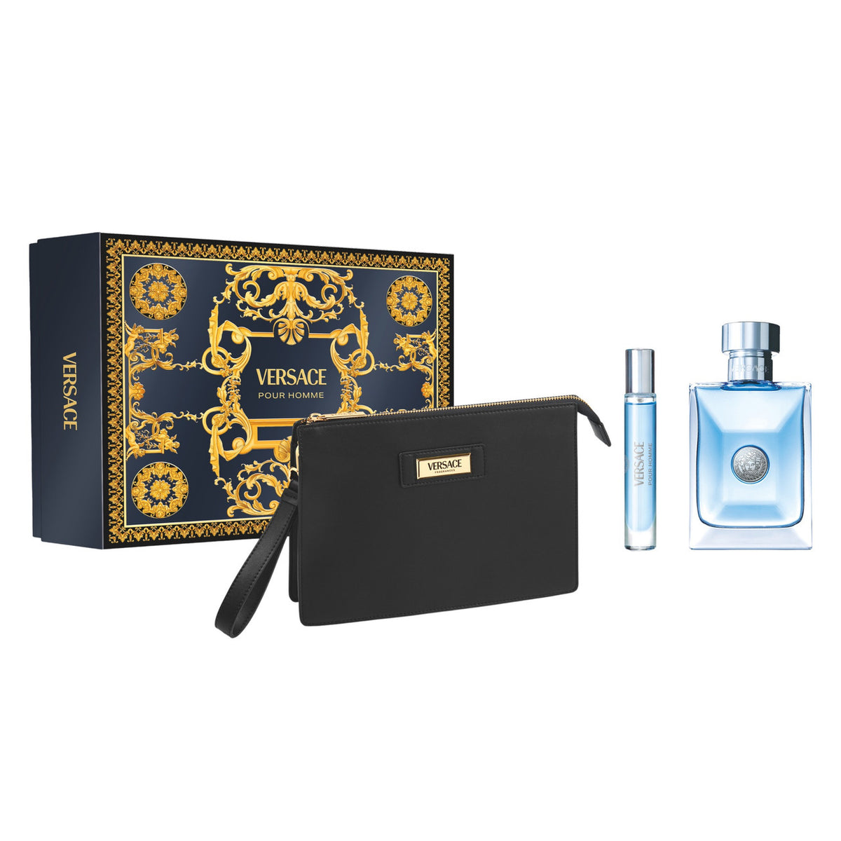 Versace Pour Homme 3 Pcs Set: 3.4 Eau De Toilette Spray + 0.34 Eau De Toilette Spray + Pouch