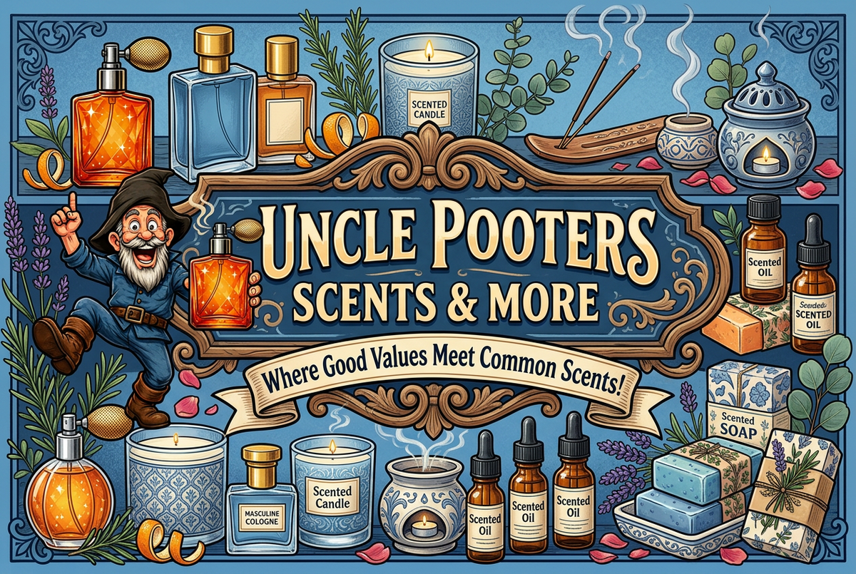 Illustrated Uncle Pooters scent-shop banner