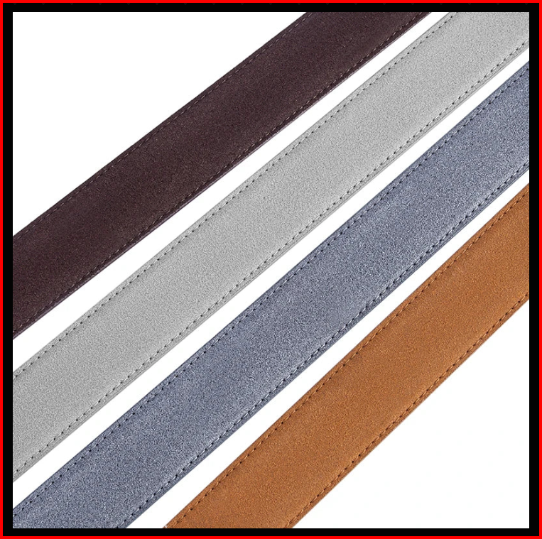 Suede leather belt straps in brown, gray, blue, and camel with detailed stitching