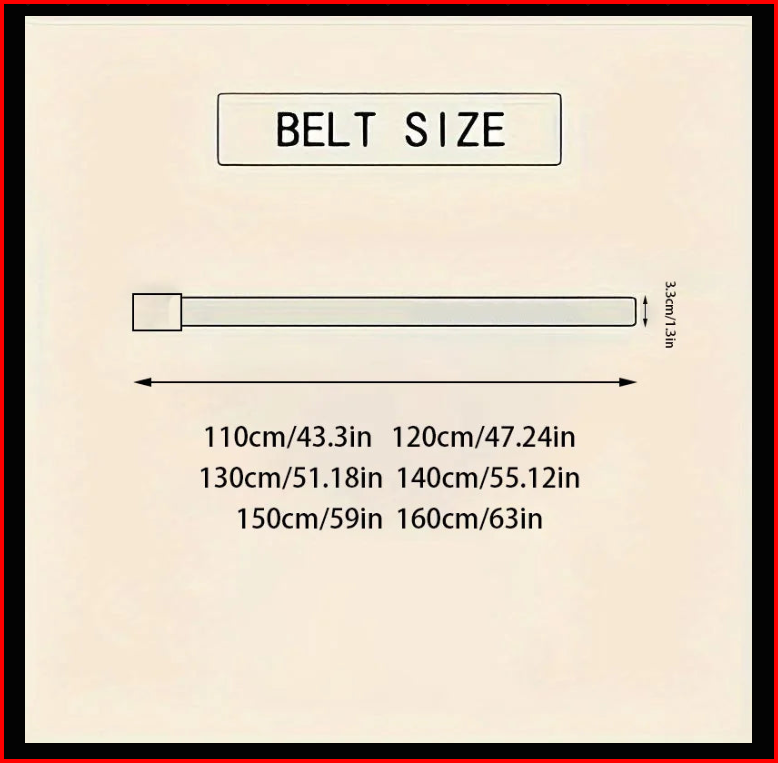 Belt size chart showing lengths from 110cm to 160cm and 1.3 in belt width