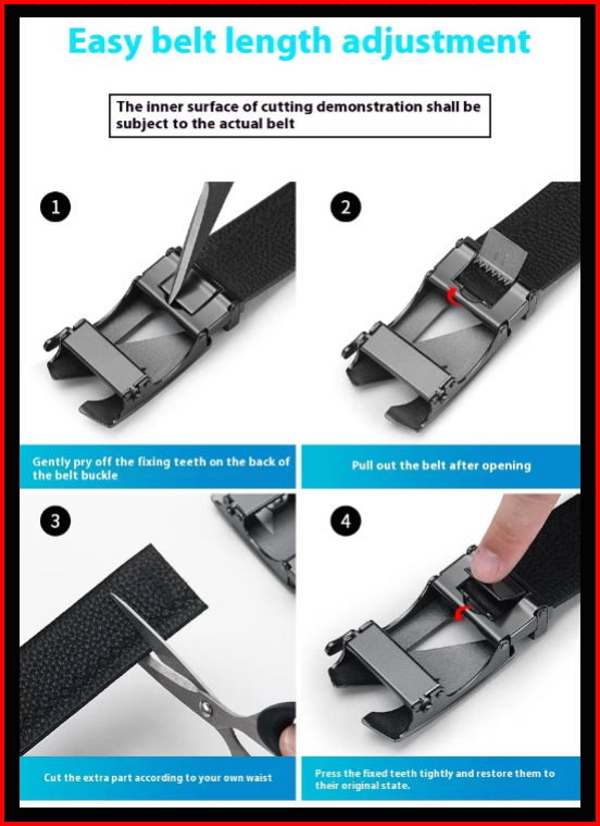 Easy belt length adjustment guide showing how to trim the leather belt to size