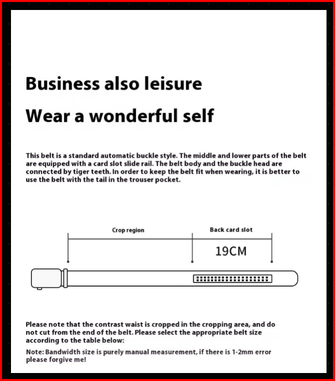 Automatic buckle belt with card slot slide rail and 19cm back slot diagram