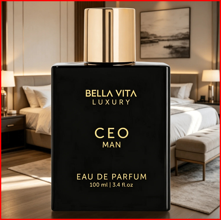 Bella Vita Luxury CEO Man men's Eau de Parfum 3.4 fl oz (100 ml), black bottle with gold cap in a bedroom setting