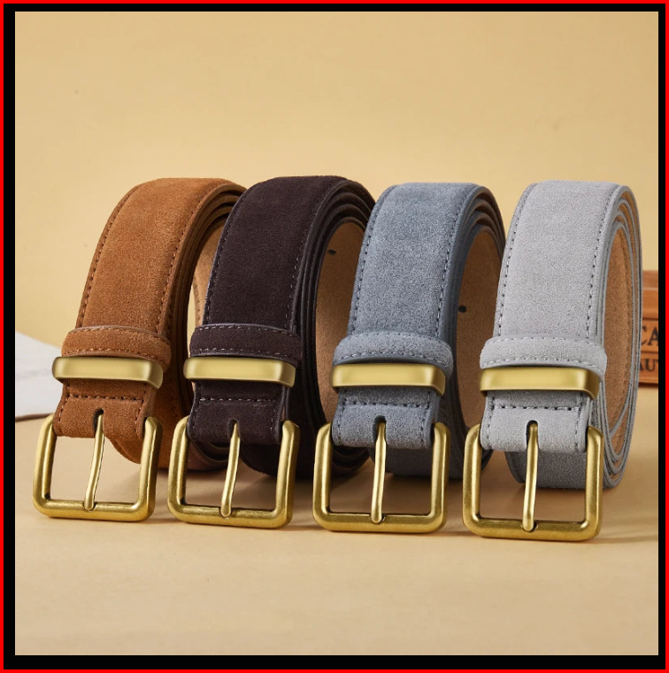 Four women's suede leather belts in camel, brown, blue, and gray with vintage gold buckles