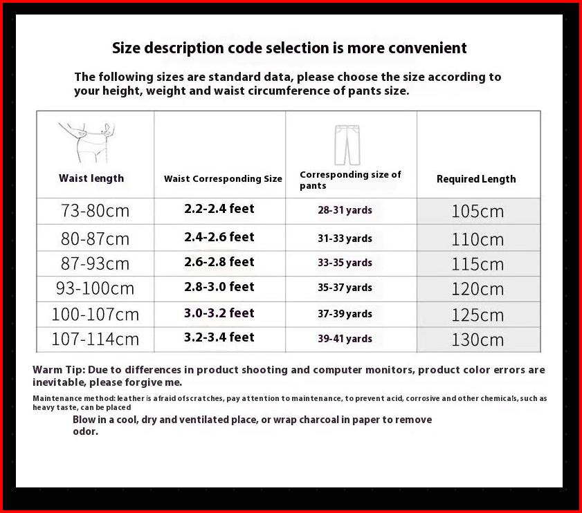 Belt size chart matching waist size to required belt length from 105cm to 130cm