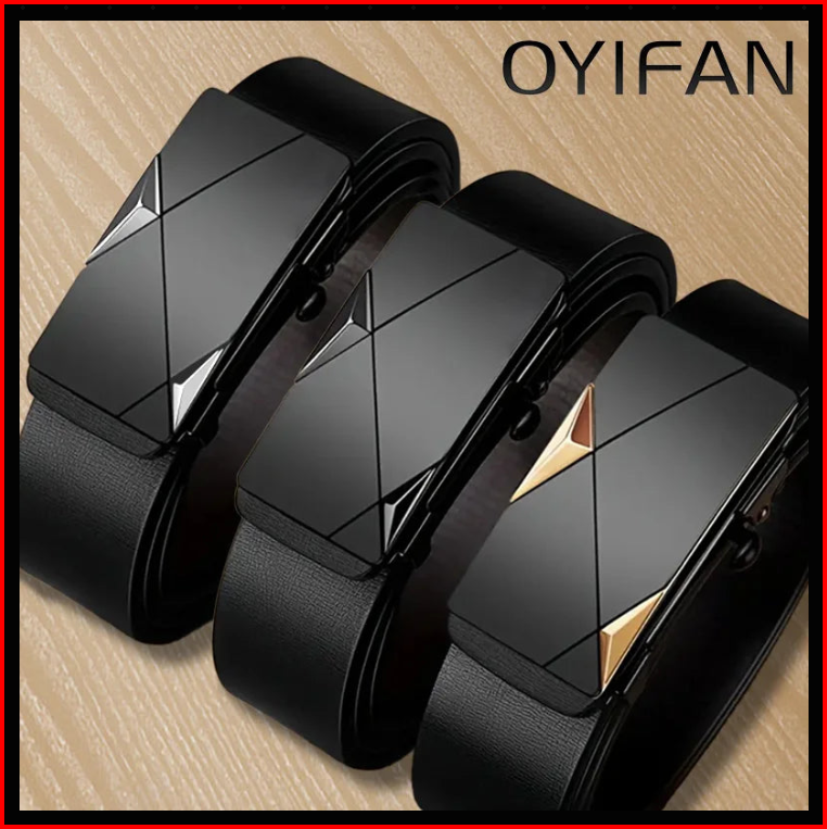 Men's OYIFAN genuine leather ratchet belts with geometric automatic buckles
