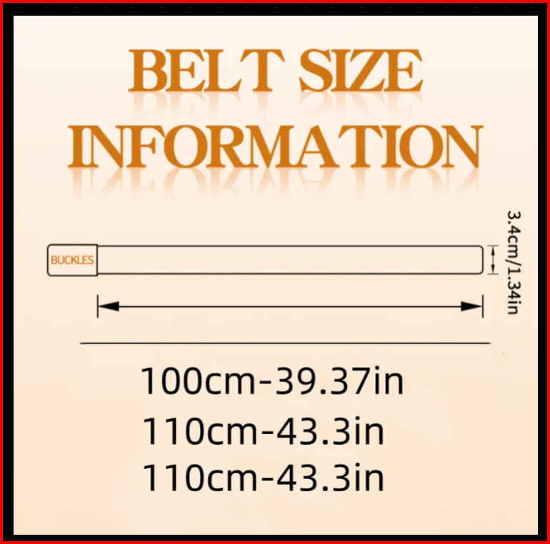 Belt size information chart showing 1.34 in belt width and lengths from 100cm to 120cm