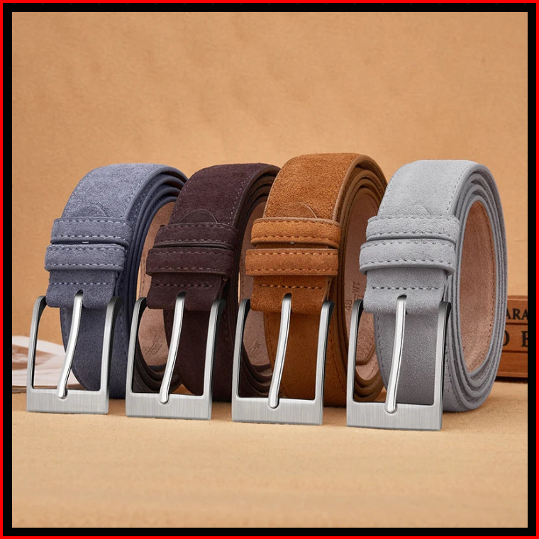 Four men's suede leather belts in blue, brown, camel, and gray with silver pin buckles