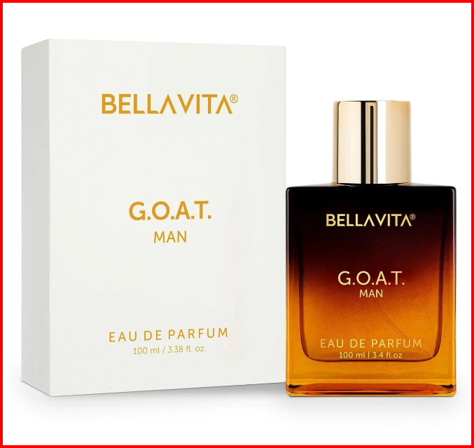 Bella Vita G.O.A.T. Man Eau de Parfum 3.4 fl oz (100 ml), orange-and-black bottle with gold-tone cap and white box