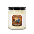 Uncle Pooter's Comfort Spice candle in a clear glass jar with a black lid and illustrated label